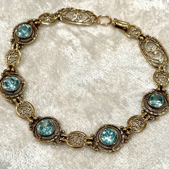 Vintage Art Deco 10K Solid Gold Natural Blue Zircon 5cts Fancy Link Bracelet - Picture 5 of 13